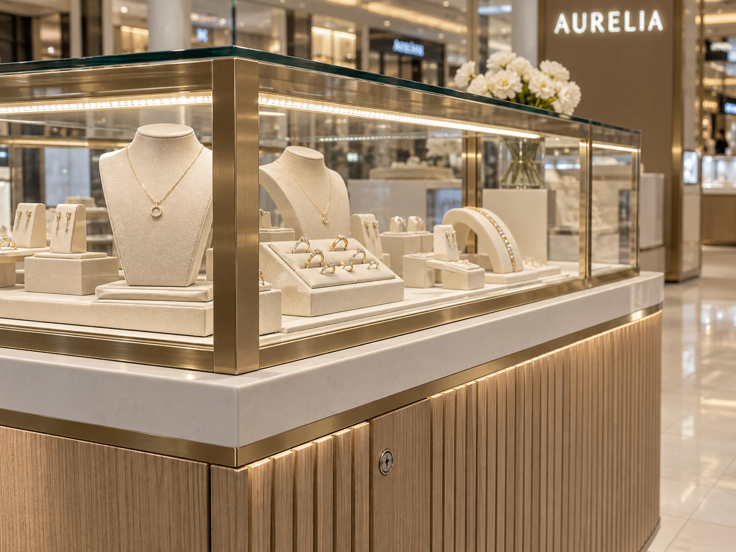 Champagne gold jewelry showcase with warm LED lighting and cream display trays