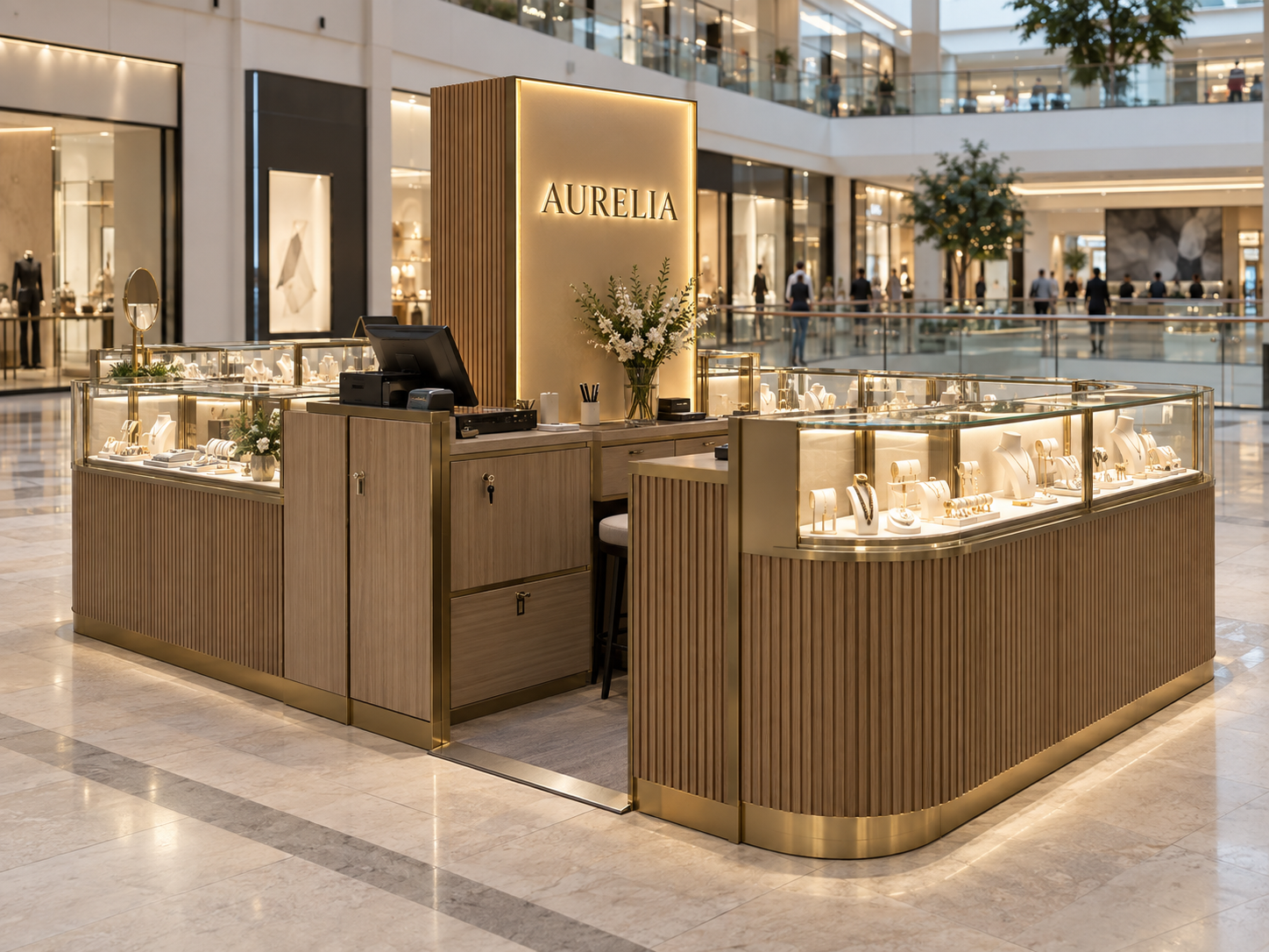 Staff-side view of the Aurelia jewelry kiosk with POS counter and storage